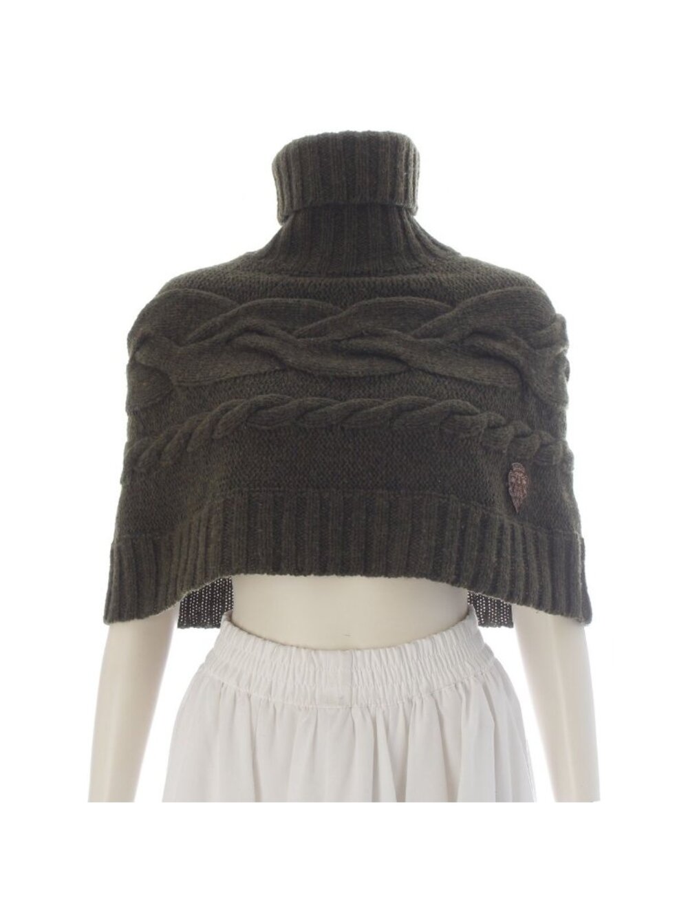 Gucci Wool Emblem Patch Turtleneck Poncho Knit Top Green Khaki